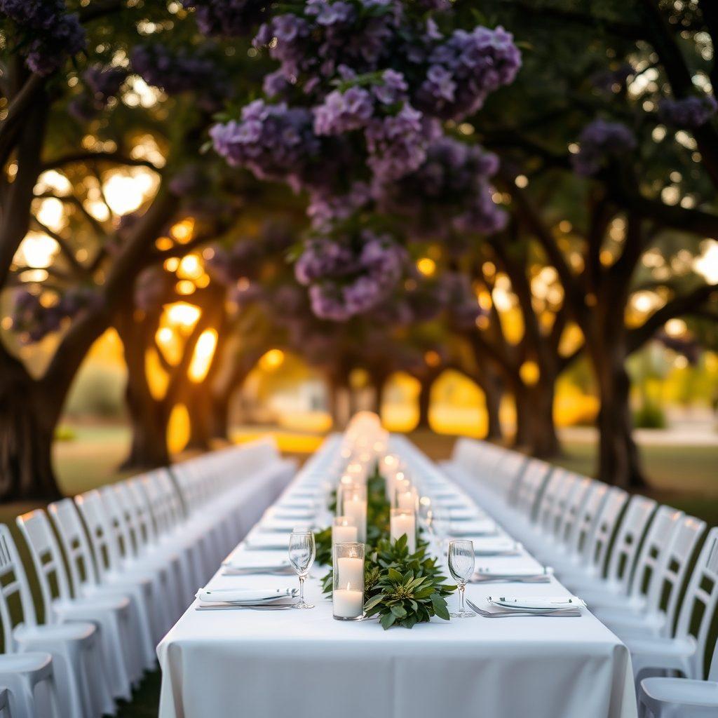 A long banquet table laid for a reception under trees, in late afternoon light.